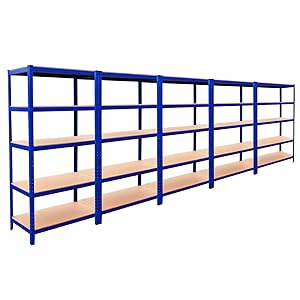 Scaffalature T-Rax in metallo, blu, 90 cm di larghezza, 45 cm di profondità, 5 ripiani