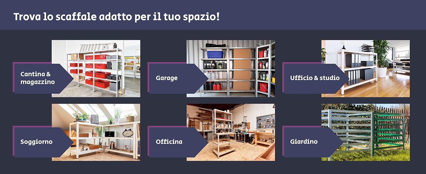 Gli scaffali shelfplaza sono adatti per cantine, magazzini, garage, uffici, soggiorno e officine.