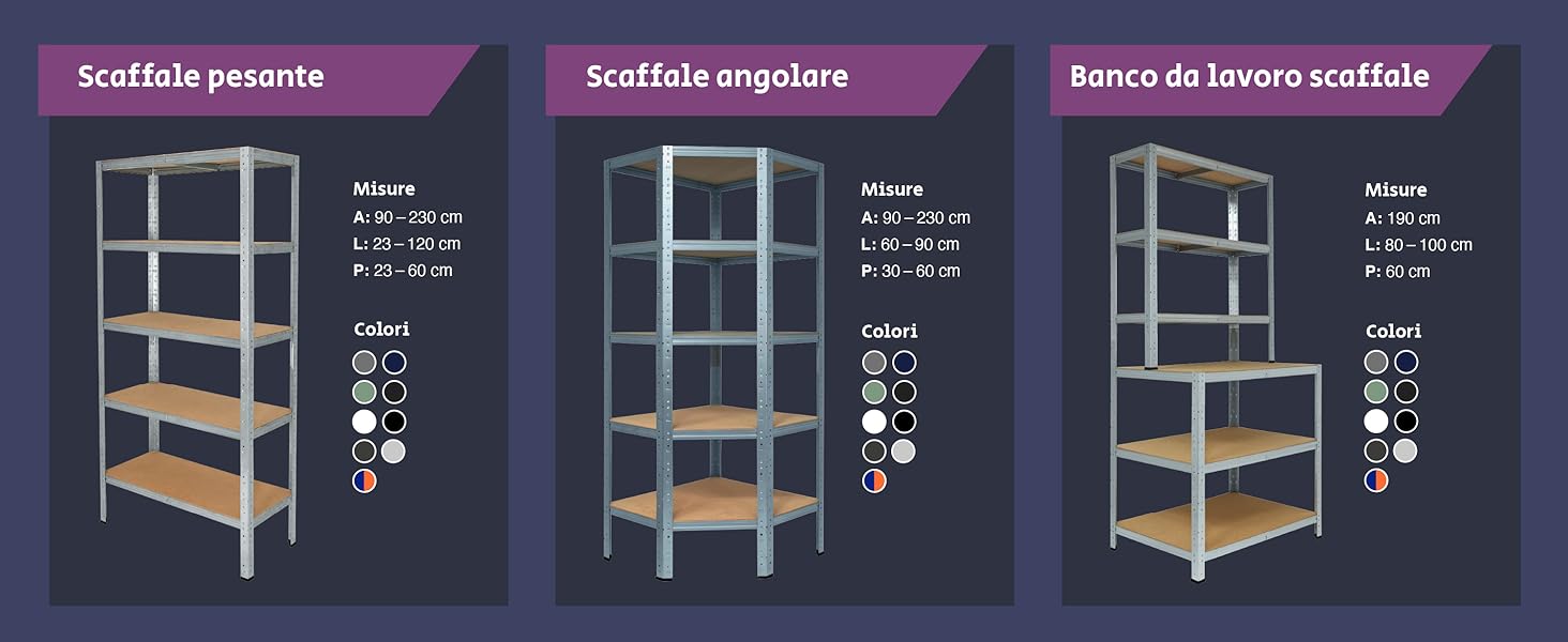 shelfplaza offre 3 tipi di scaffali: scaffale pesante, scaffale angolare e da banco lavoro scaffale