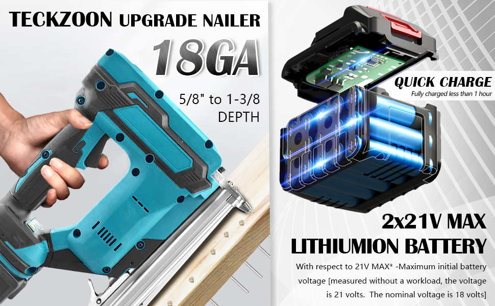 TECKZOON Upgrade kabellose Akku Nagelpistole Nailer 900W kompatibel mit Makita 21V akku
