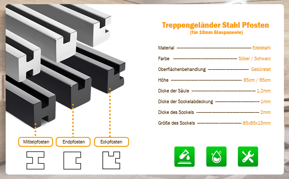 Supporto per scale in acciaio per pannelli in vetro da 10 mm