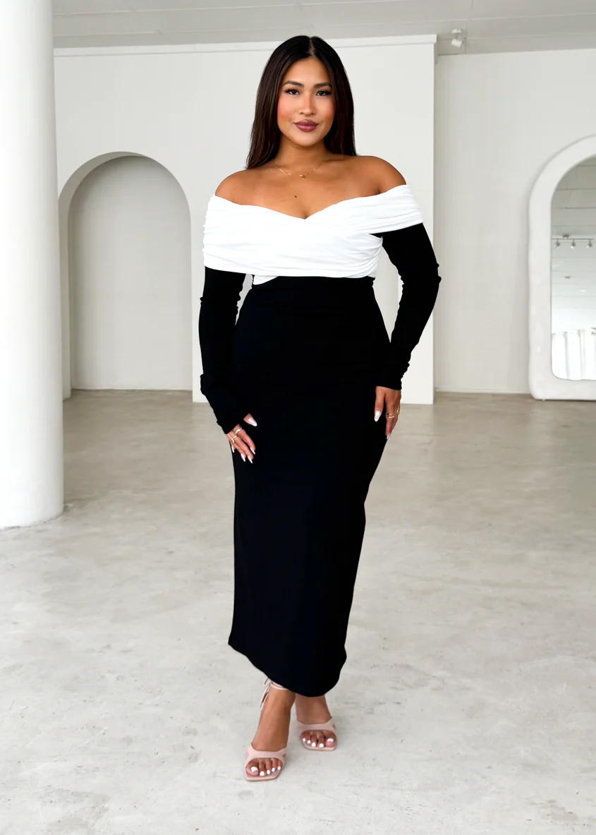 Revolver Off Shoulder Maxi Dress - Black Splice - Honorern