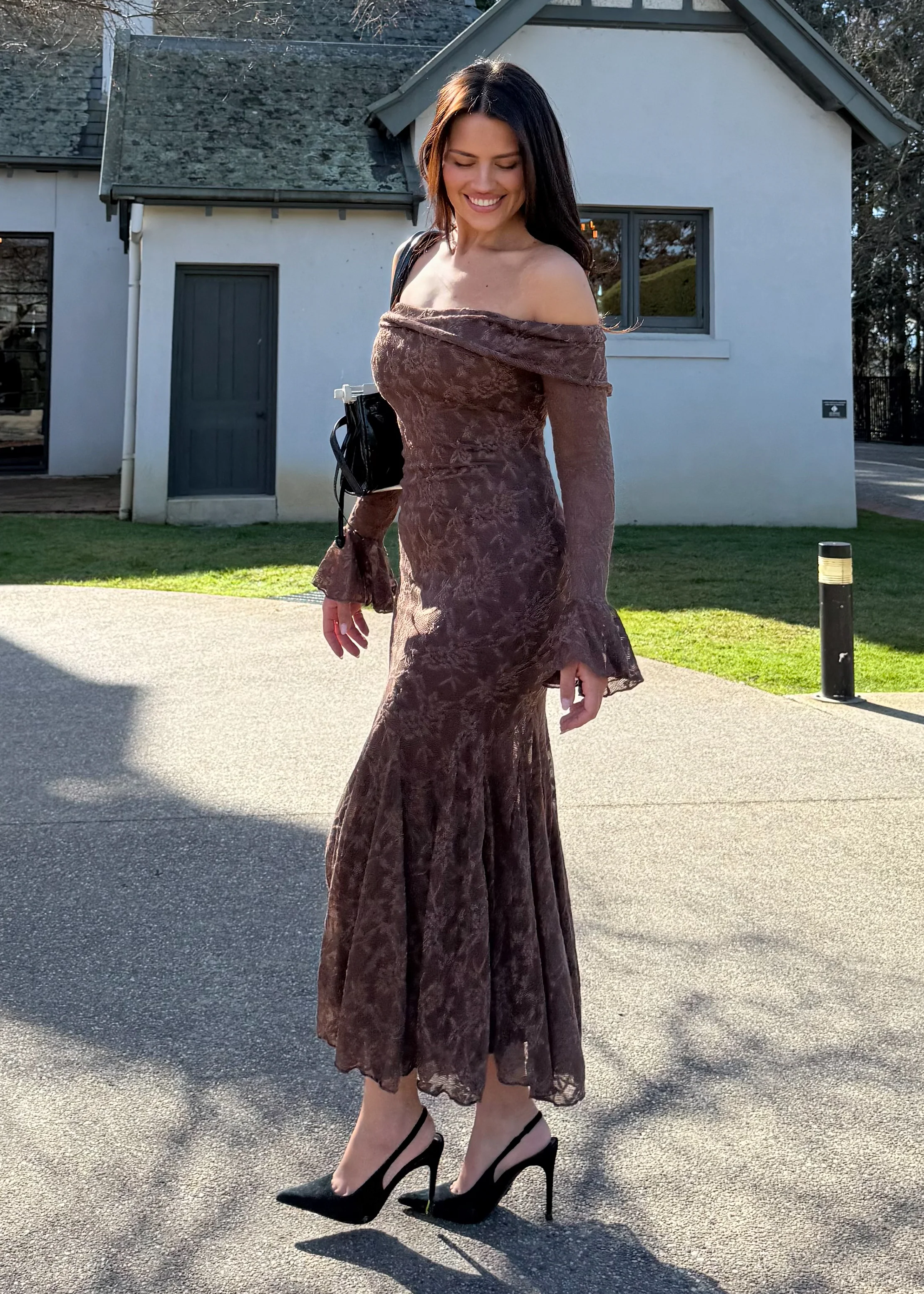 Cabo Off Shoulder Lace Maxi Dress - Chocolate - Honorern