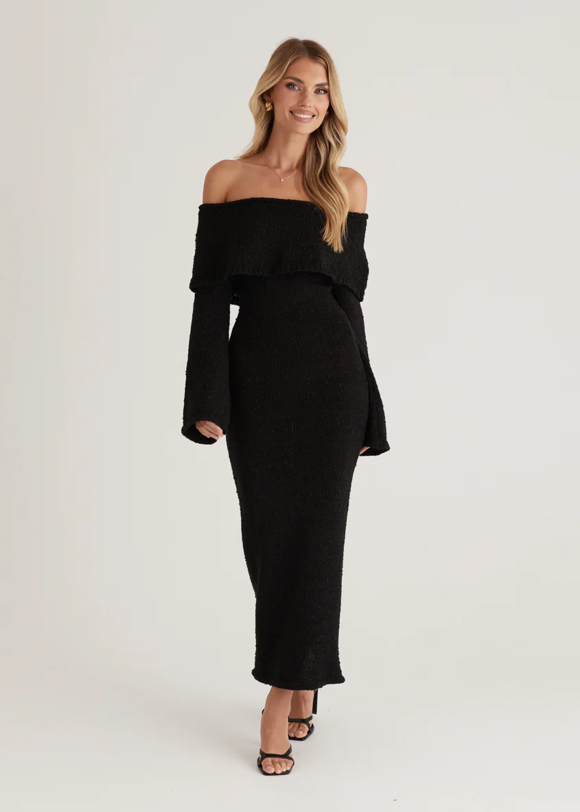 Sky Off Shoulder Knit Midi Dress - Black - Honorern