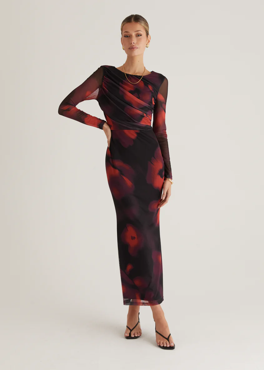 Ashville Mesh Maxi Dress - Black Watercolour - Honorern