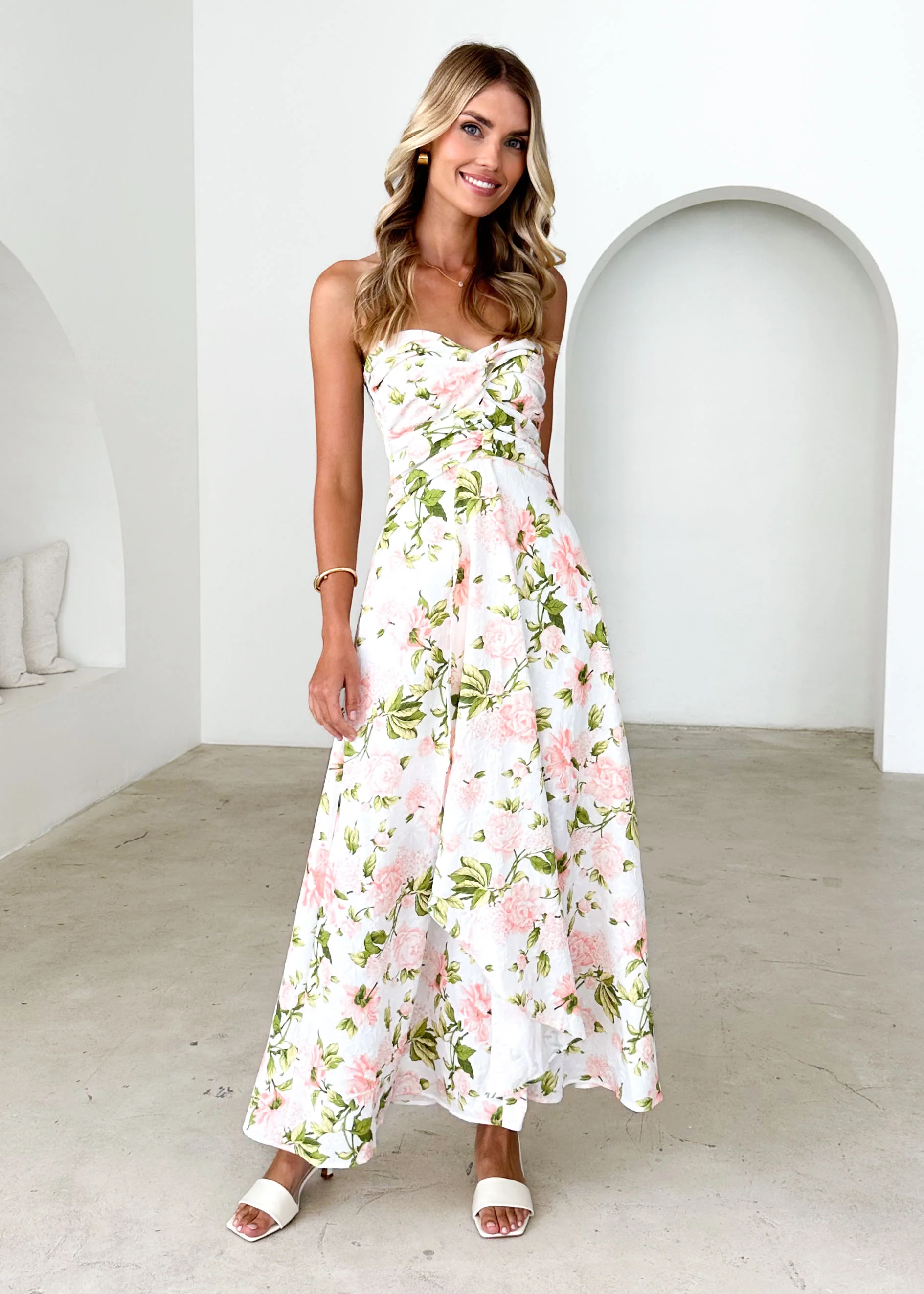 Naples Strapless Maxi Dress - Peach Floral - Honorern
