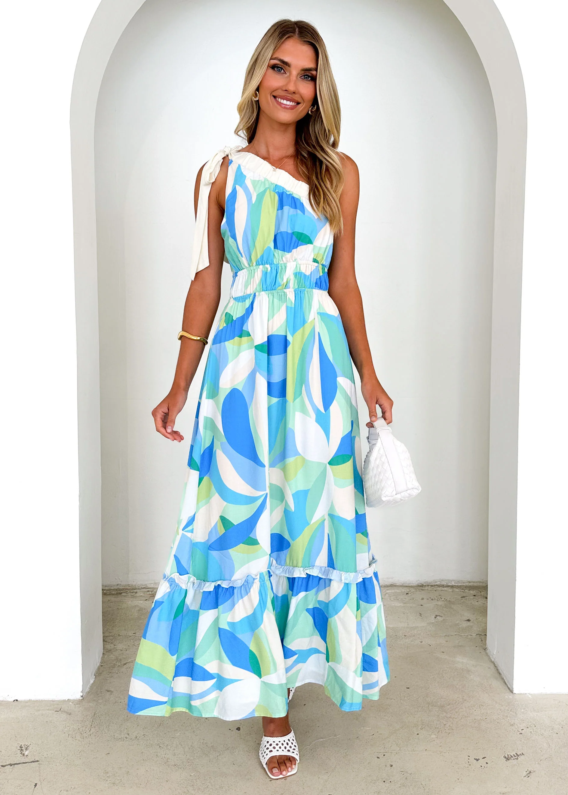 Rainfall One Shoulder Maxi Dress - Blue Abstract - Honorern