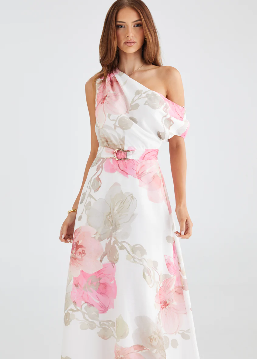 Jacqui Drop Shoulder Midi Dress - Pink Floral - Honorern