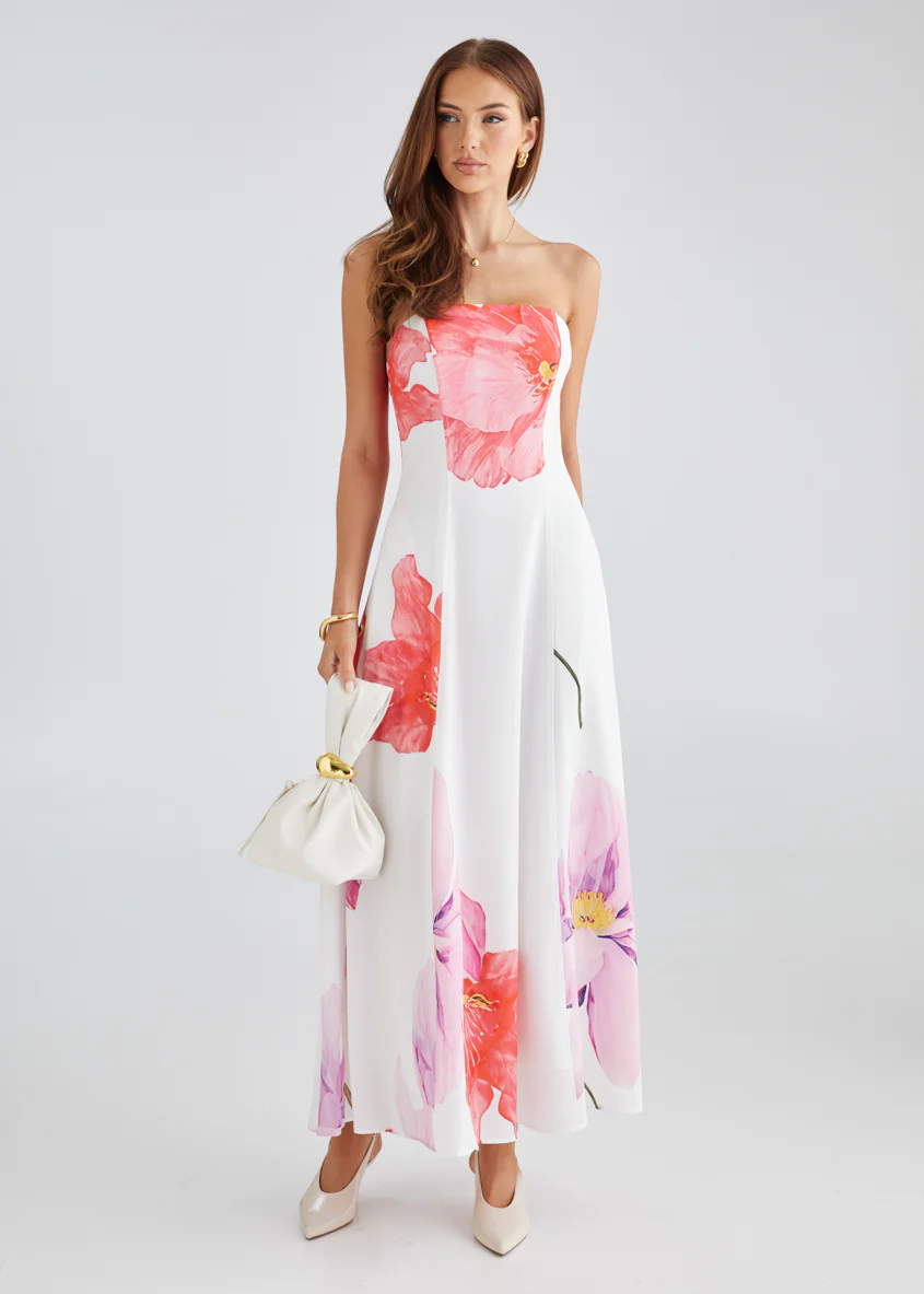 Jayde Strapless Maxi Dress - Pink Flowers - Honorern