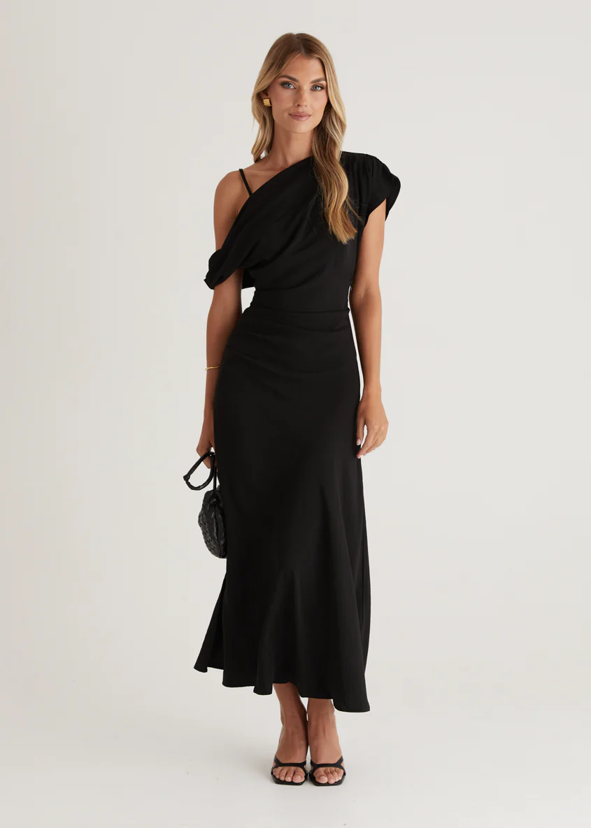 Evie Drop Shoulder Maxi Dress - Black - Honorern