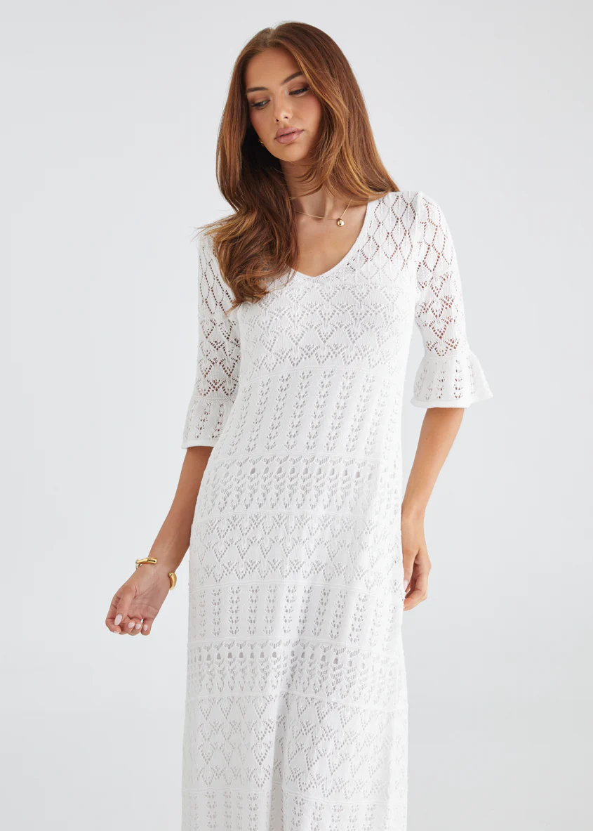 Estrela Crochet Midi Dress - Off White - Honorern