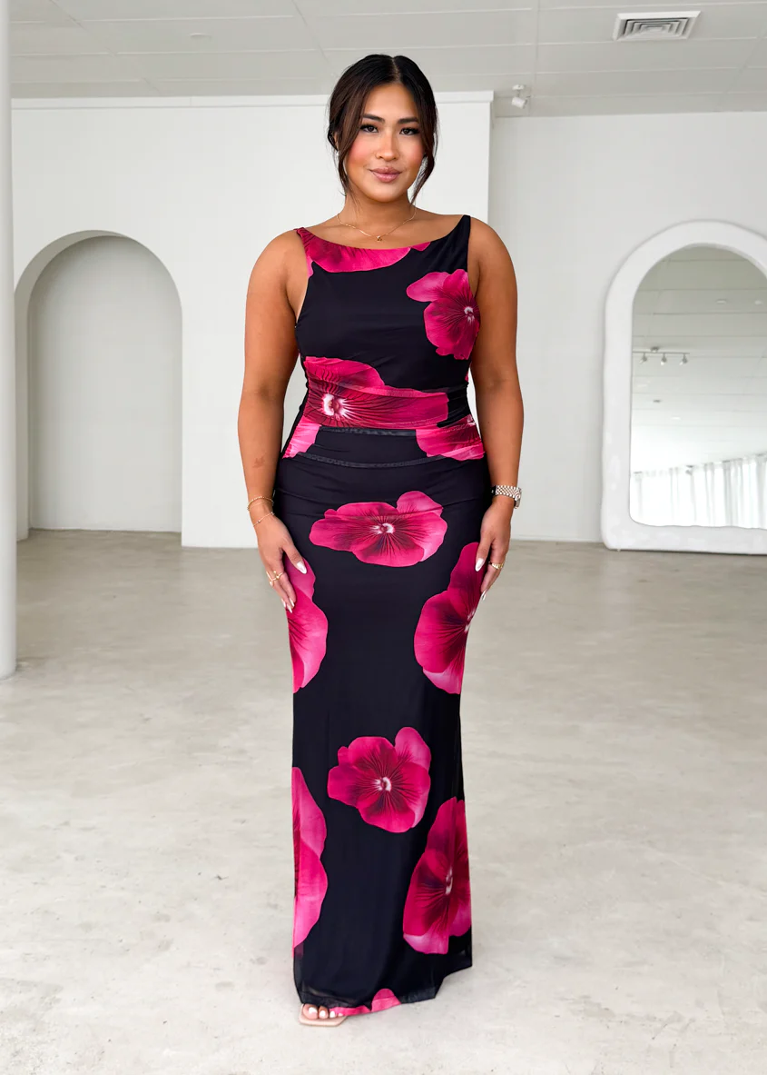 Rivka Mesh Maxi Dress - Black Floral - Honorern