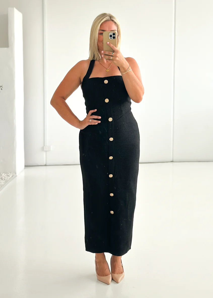 Marina Halter Midi Dress - Black - Honorern