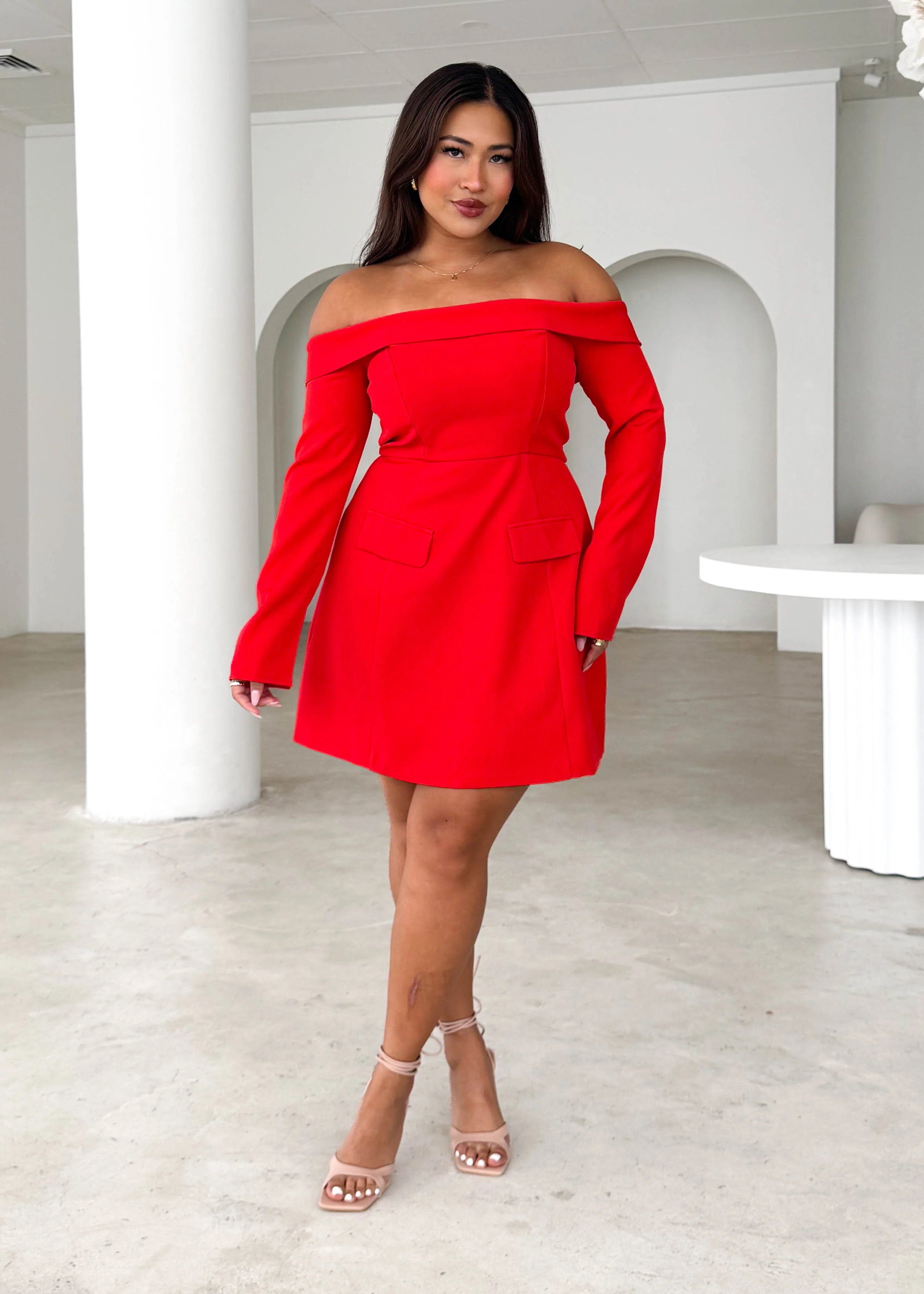 Santiago Off Shoulder Dress - Red - Honorern