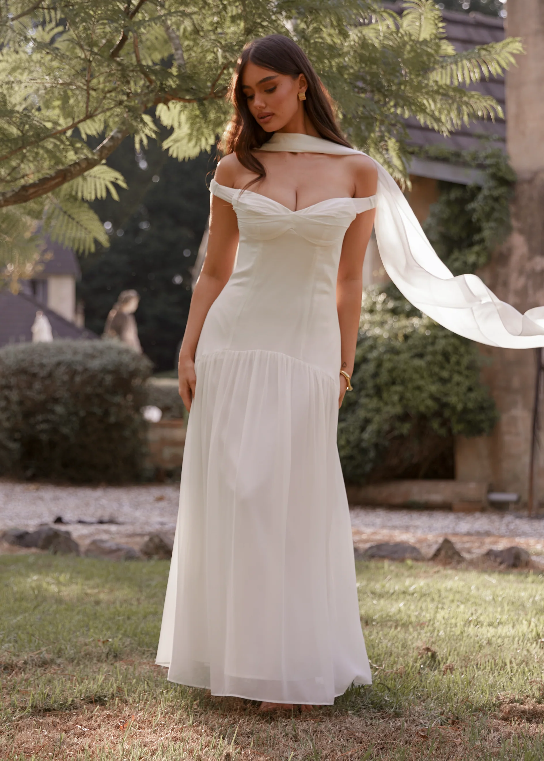 Kirah Off Shoulder Maxi Dress - Off White - Honorern