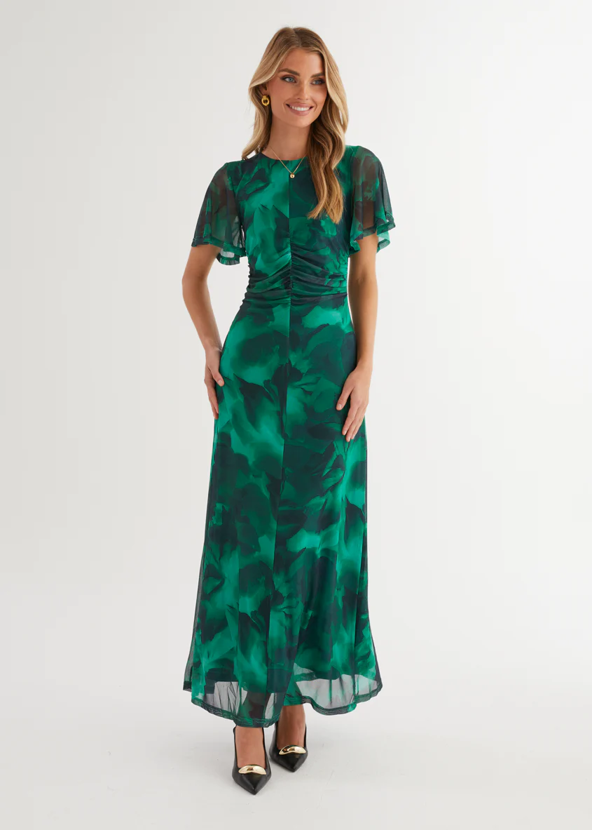 Ricki Mesh Midi Dress - Emerald Watercolour - Honorern