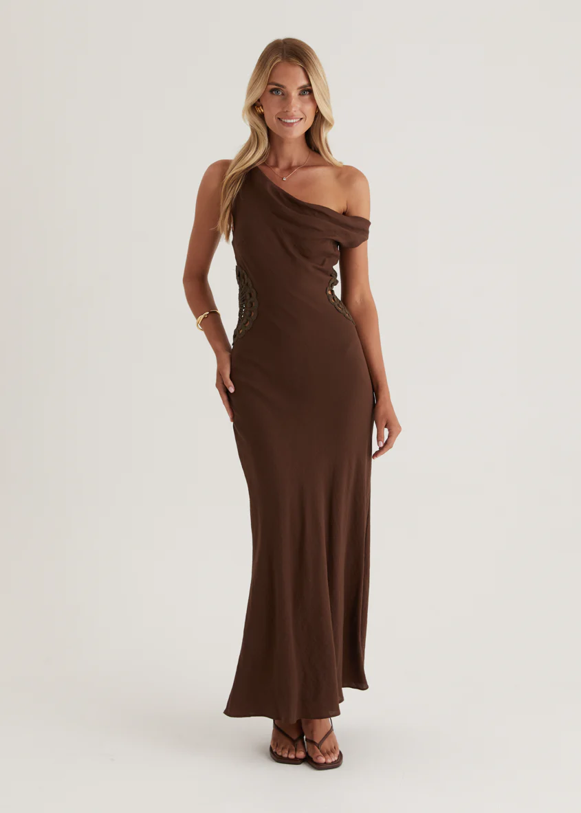 Sarai One Shoulder Maxi Dress - Chocolate - Honorern