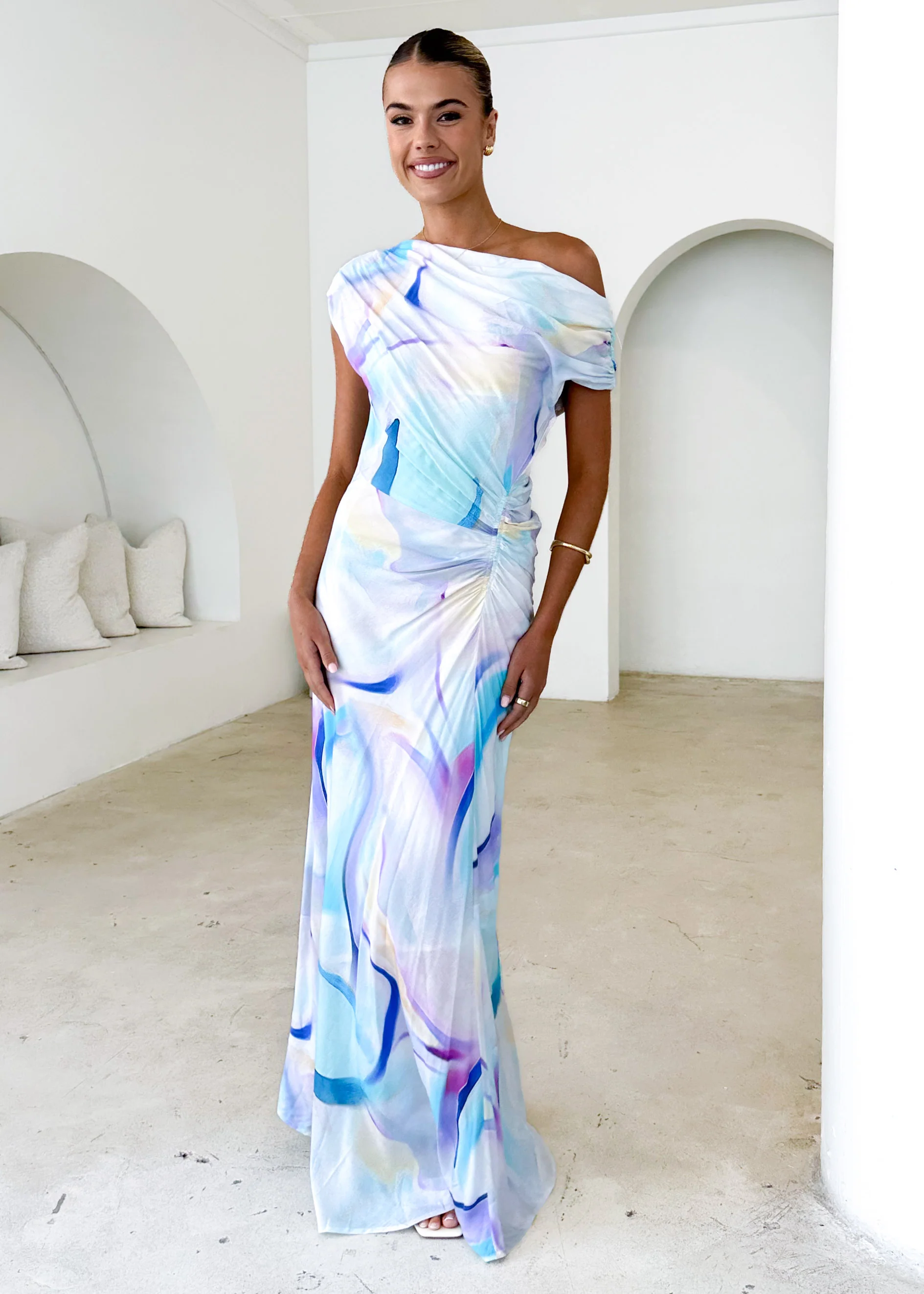 Flirtini One Shoulder Maxi Dress - Blue Swirl - Honorern