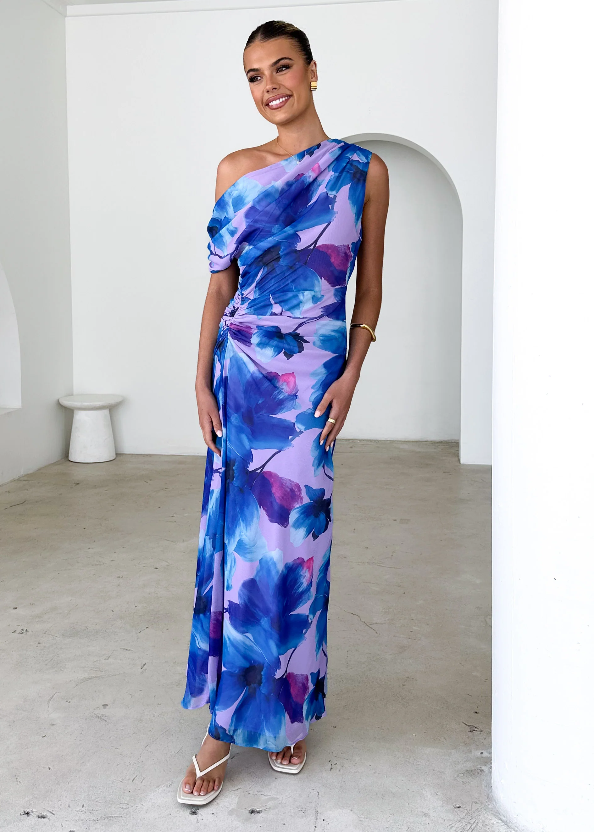 Byron One Shoulder Maxi Dress - Blue Flowers - Honorern