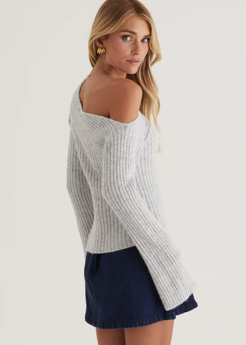 Lily One Shoulder Knit Top - Grey - Honorern