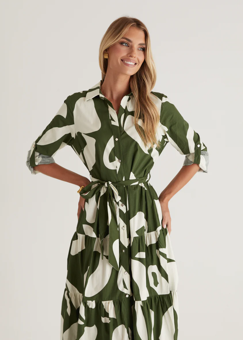 Maybelle Midi Dress - Khaki Leaf - Honorern