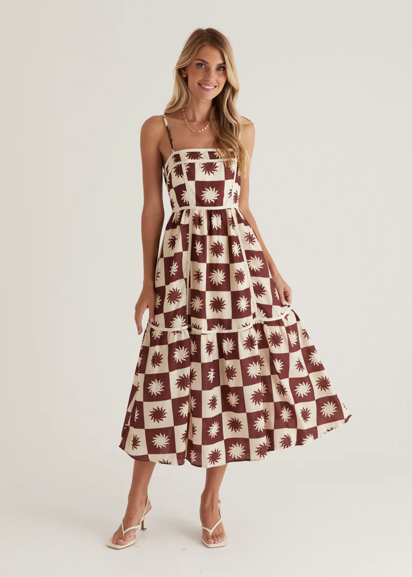 Valencia Midi Dress - Brown Abstract - Honorern