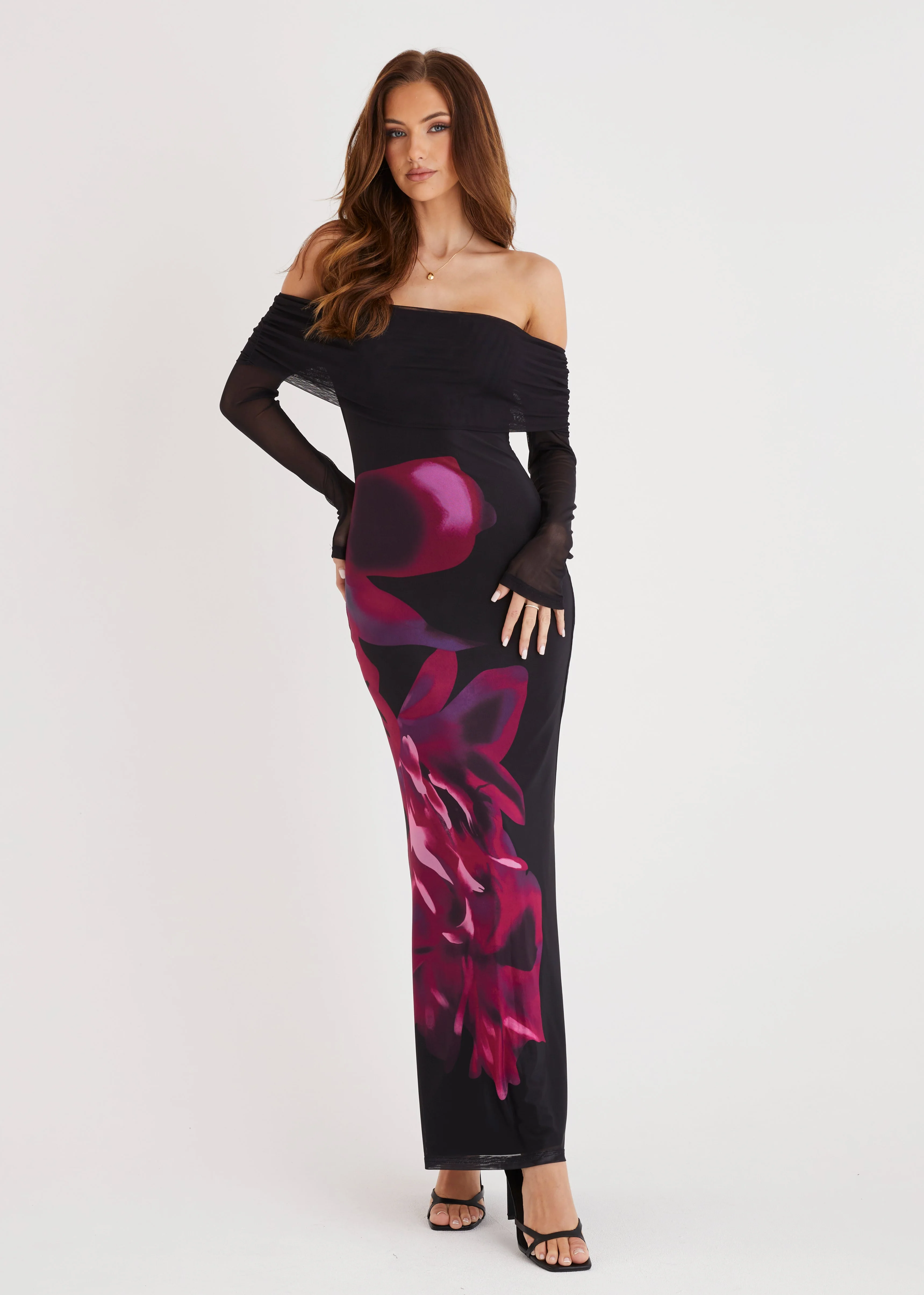 Slate Off Shoulder Mesh Maxi Dress - Black Floral - Honorern