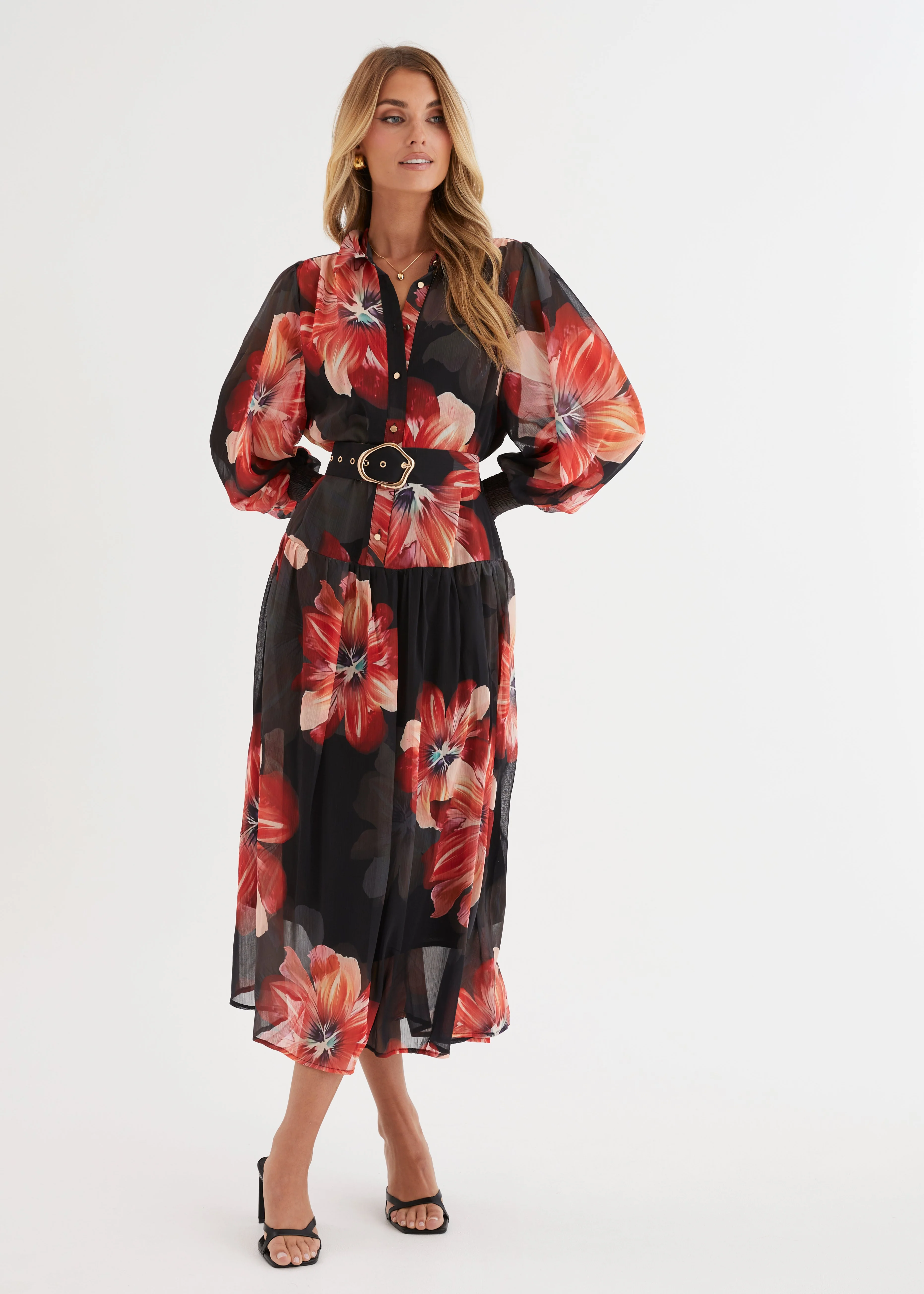 Aleera Midi Dress - Black Floral - Honorern