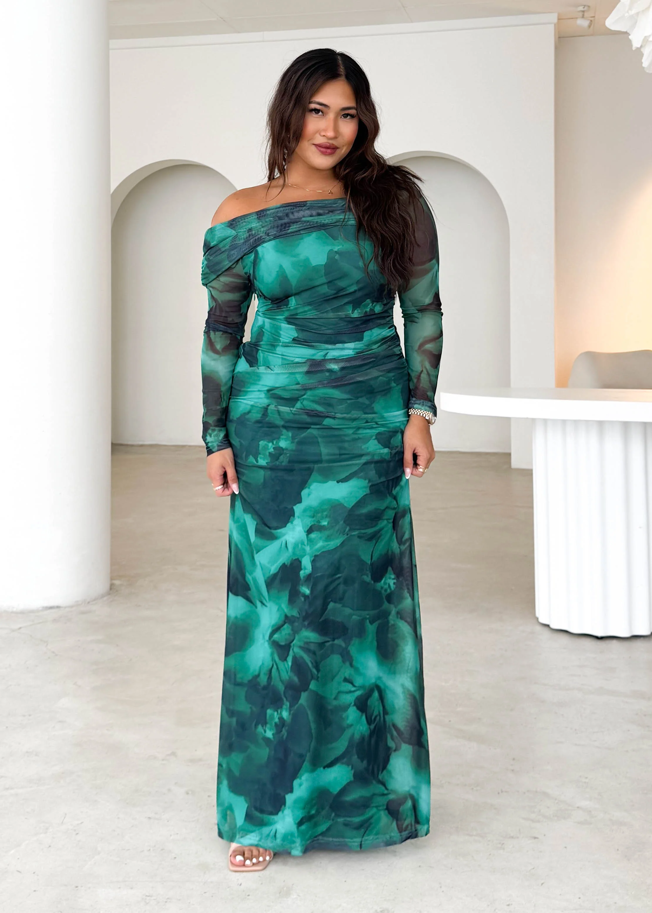 Nix Off Shoulder Maxi Dress - Emerald Watercolour - Honorern