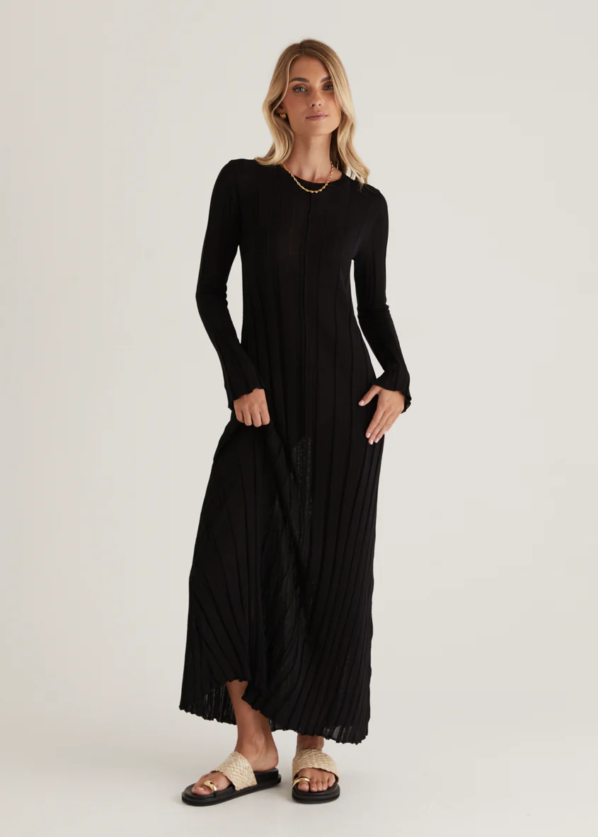 Serah Knit Midi Dress - Black - Honorern