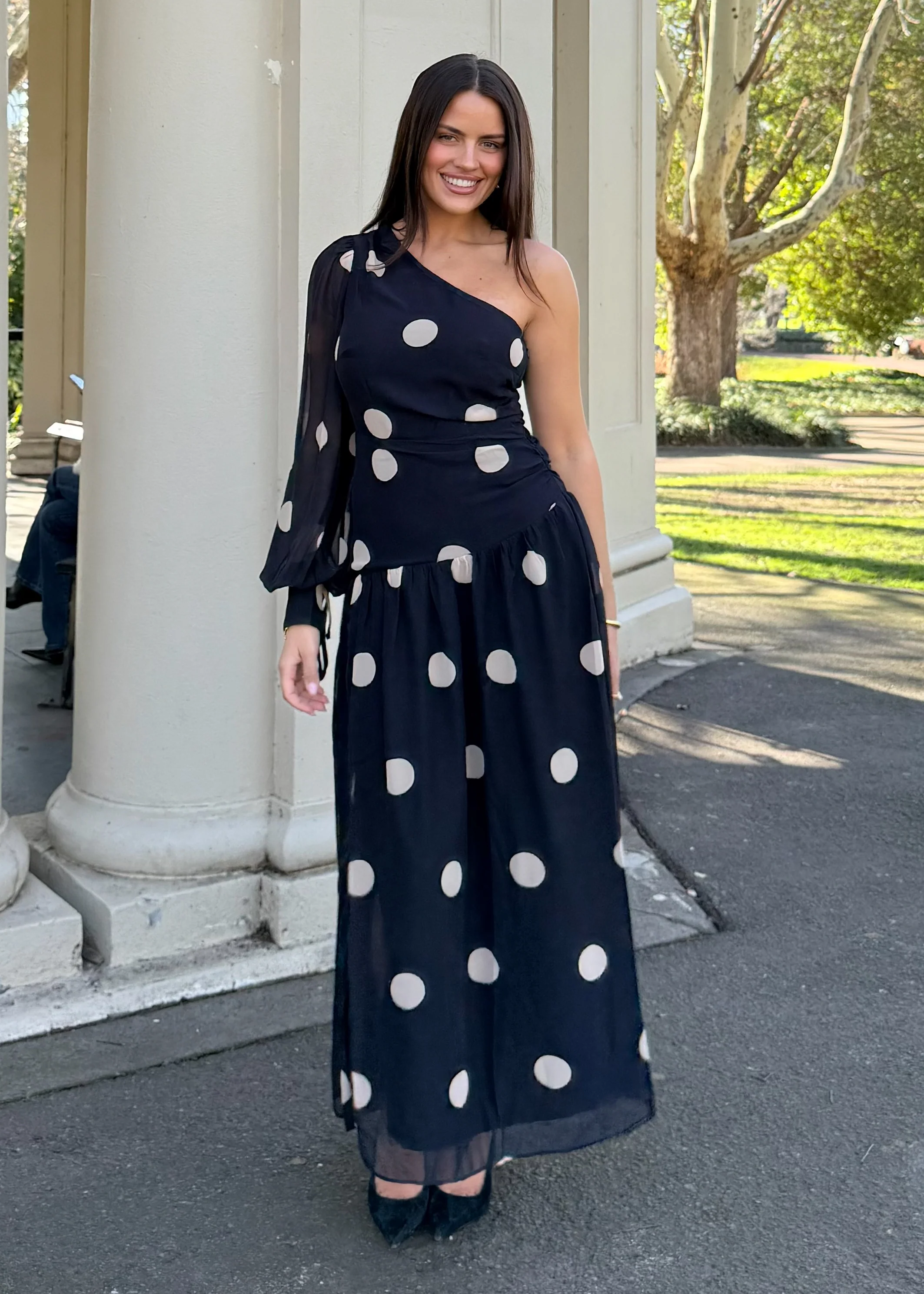 Ella One Shoulder Maxi Dress - Black Polka - Honorern