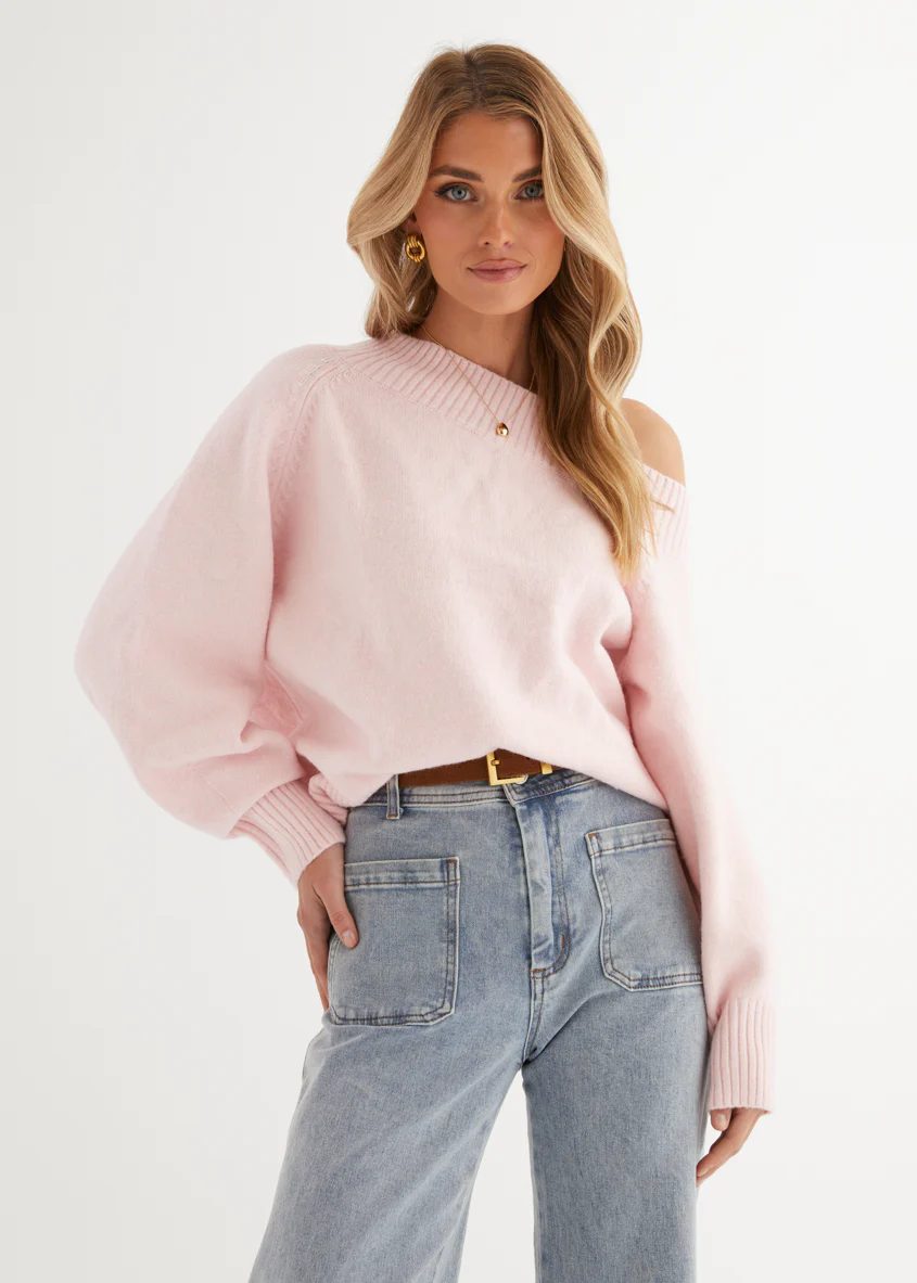 Marsha One Shoulder Sweater - Pink - Honorern