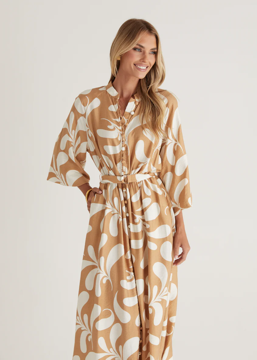Shylah Midi Dress - Camel Swirl - Honorern