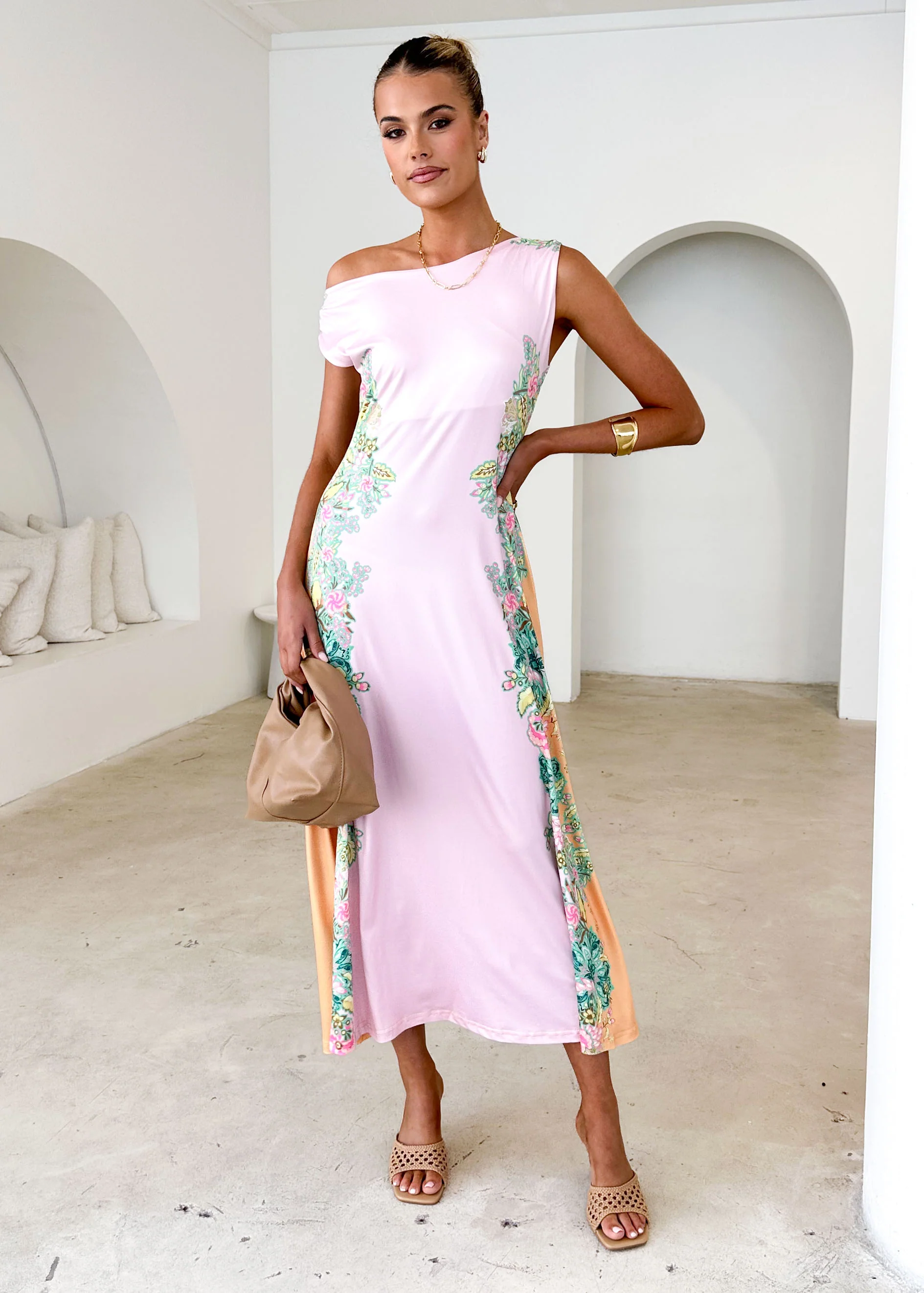 Blossom One Shoulder Maxi Dress - Pink Gia - Honorern