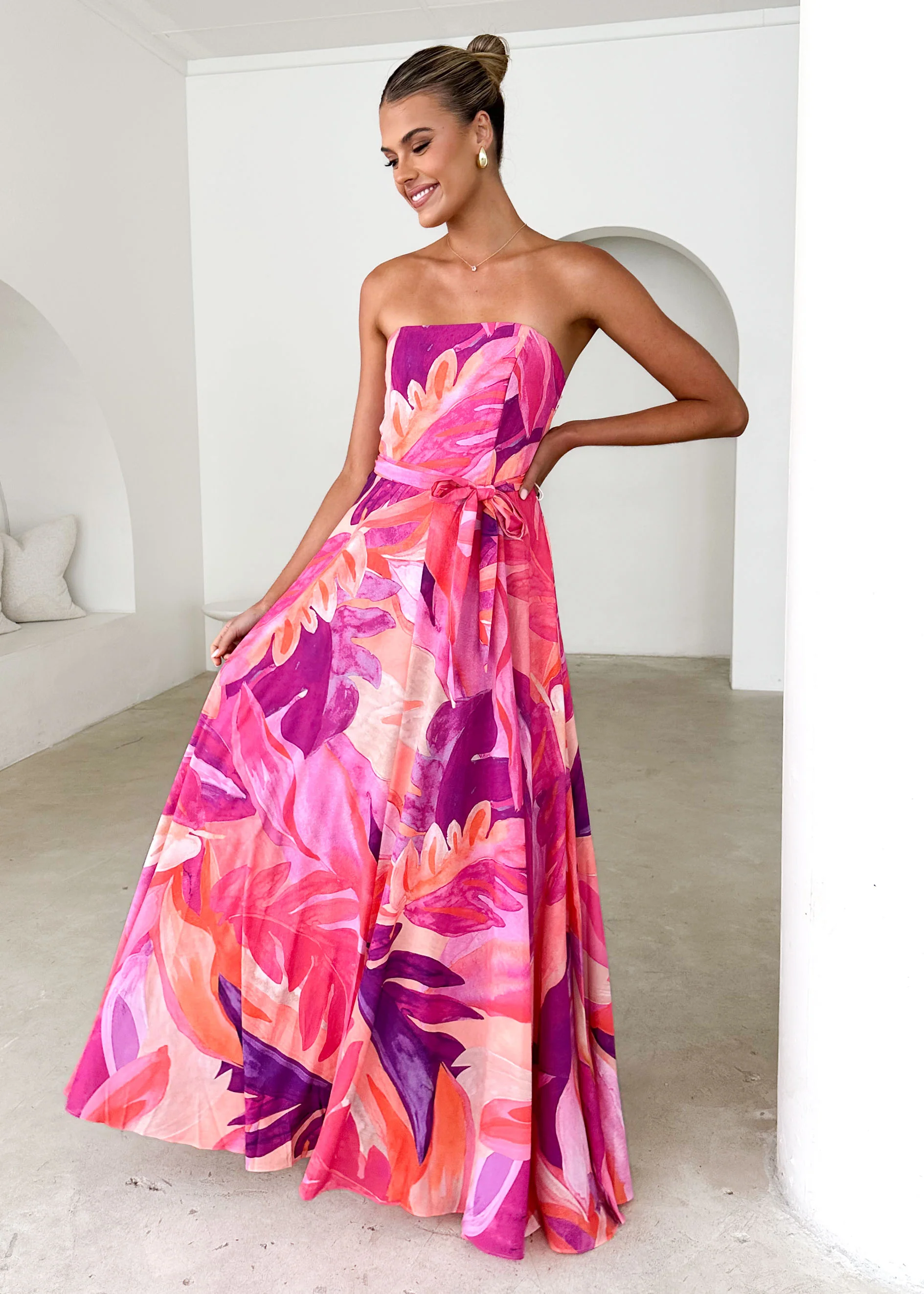 Jorgia Strapless Maxi Dress - Pink Abstract - Honorern