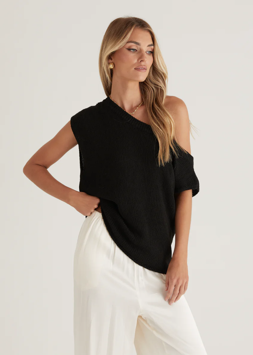 Casoni One Shoulder Knit Top - Black - Honorern