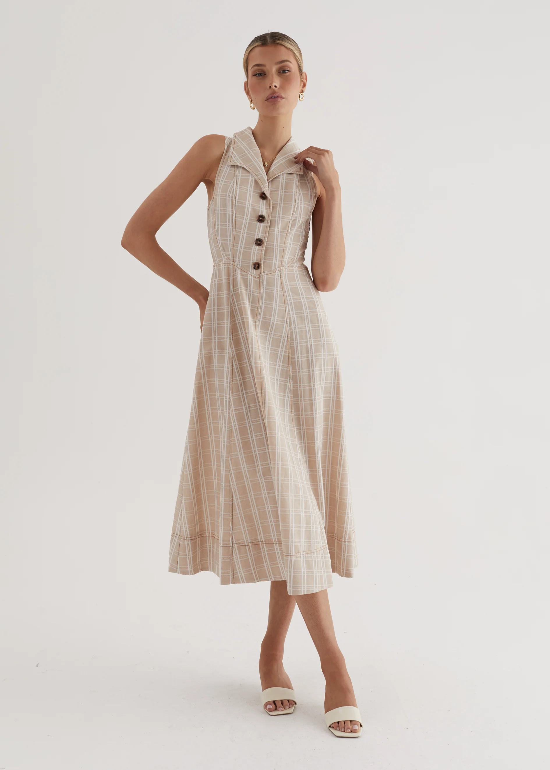 Annie Midi Dress - Beige Check - Honorern