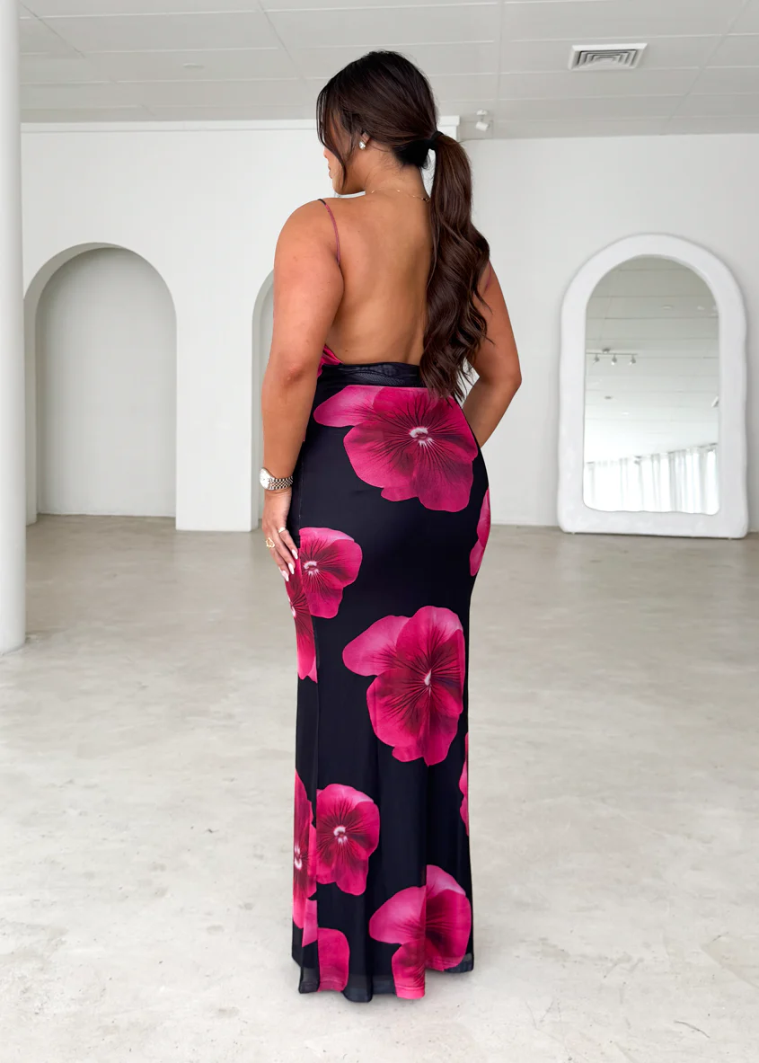 Rivka Mesh Maxi Dress - Black Floral - Honorern