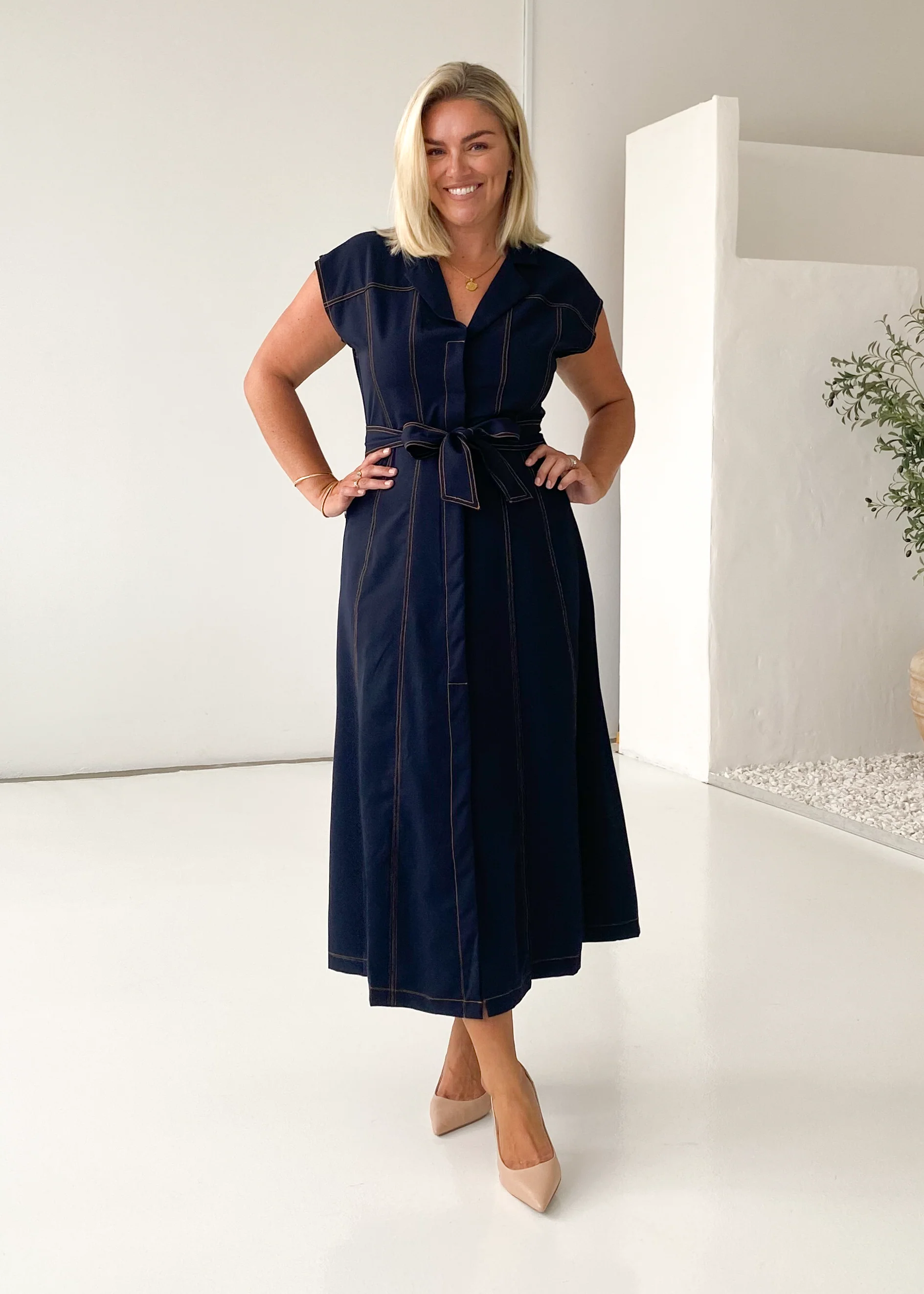 Chevron Midi Dress - Indigo - Honorern