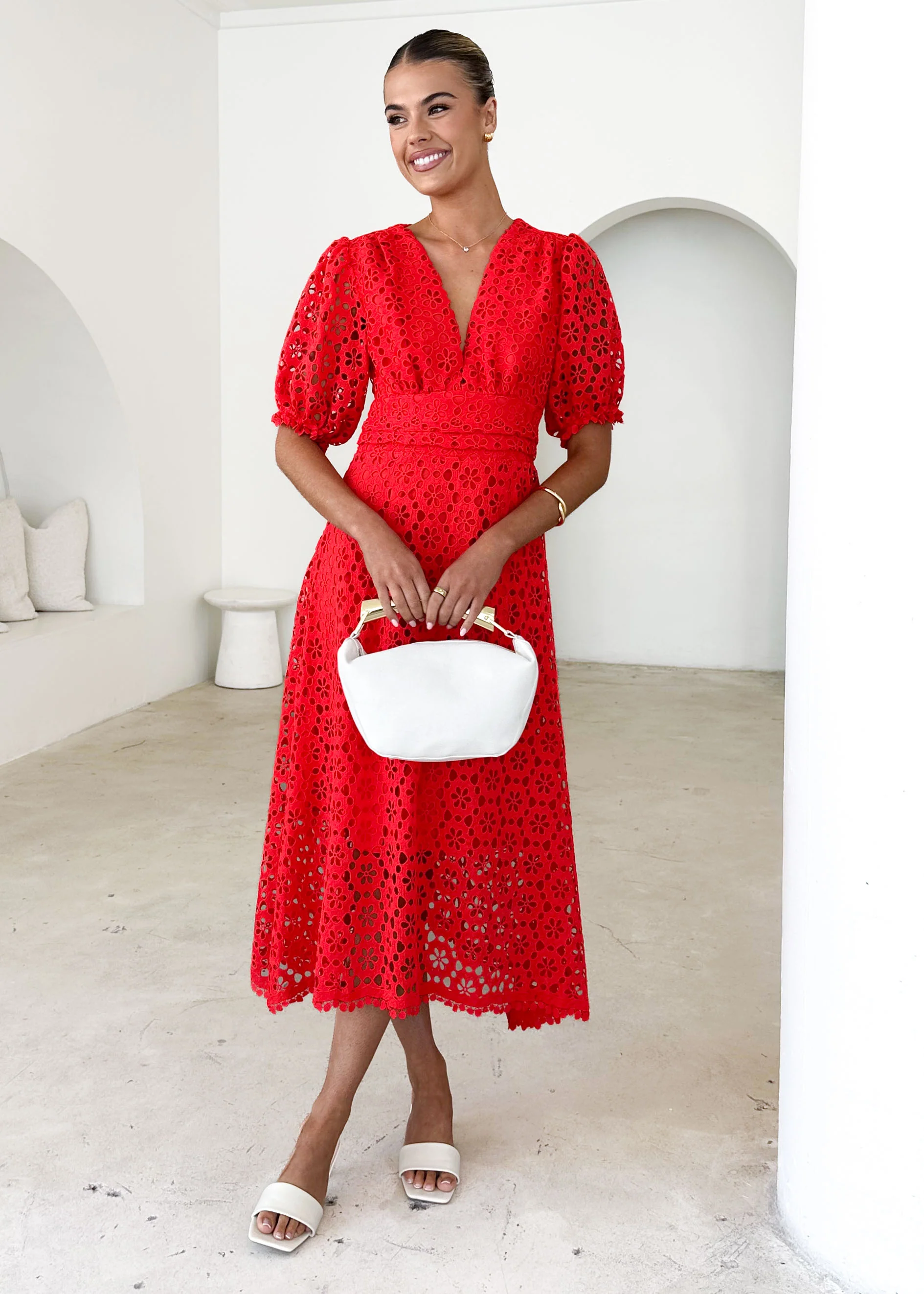 Jahra Lace Midi Dress - Red - Honorern