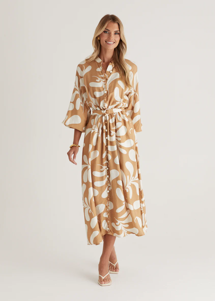 Shylah Midi Dress - Camel Swirl - Honorern