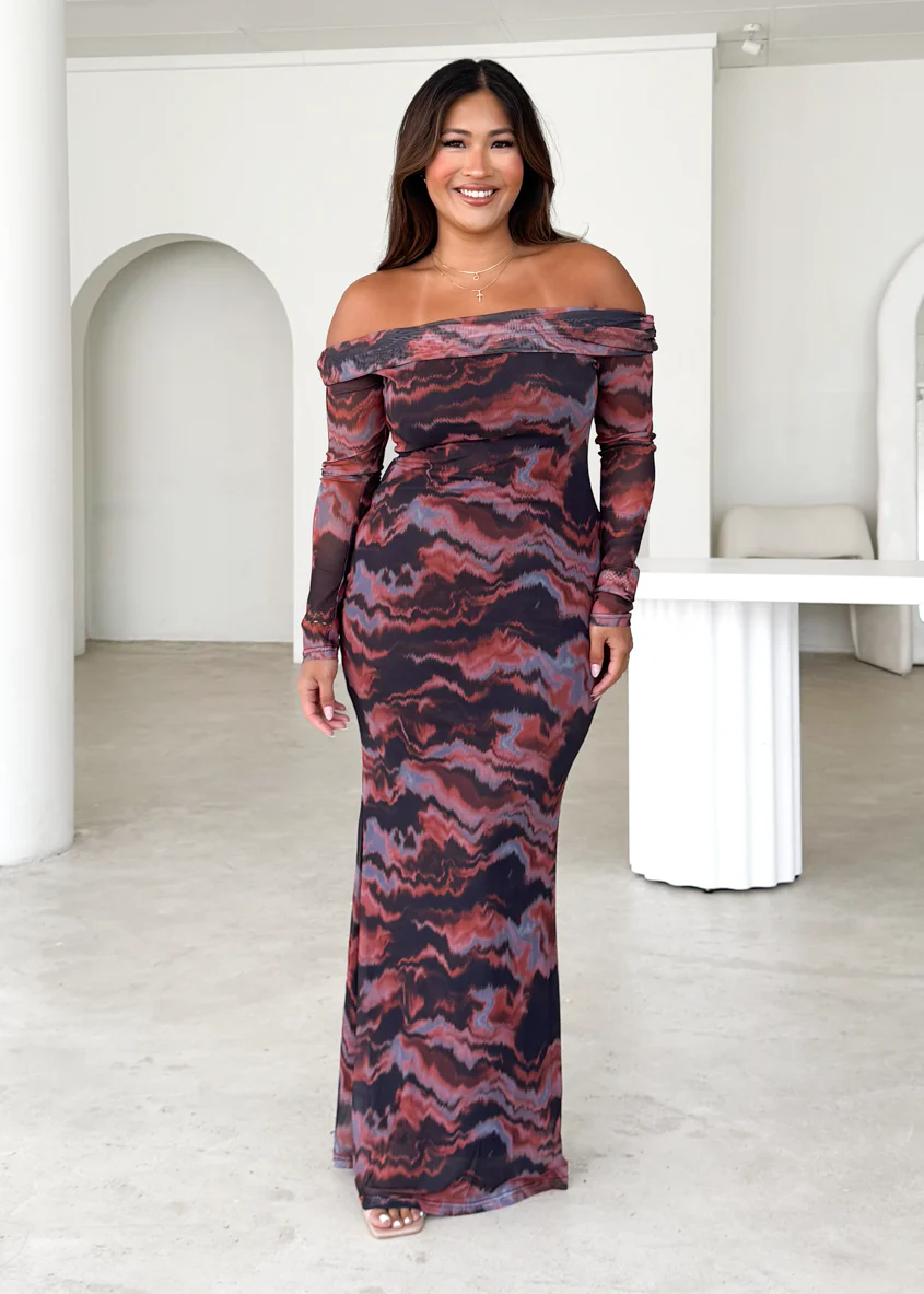 Sienna Mesh Off Shoulder Maxi Dress - Black Tie Dye - Honorern