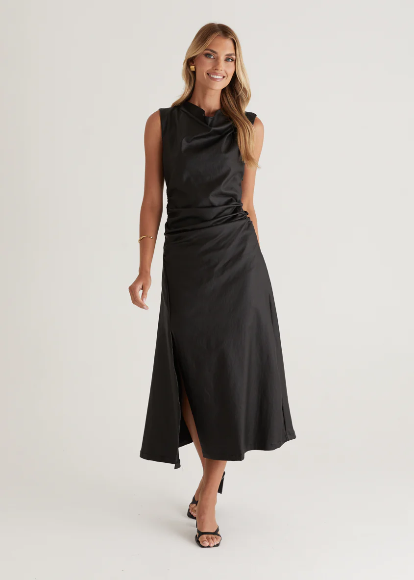 Romella Coated Midi Dress - Black - Honorern