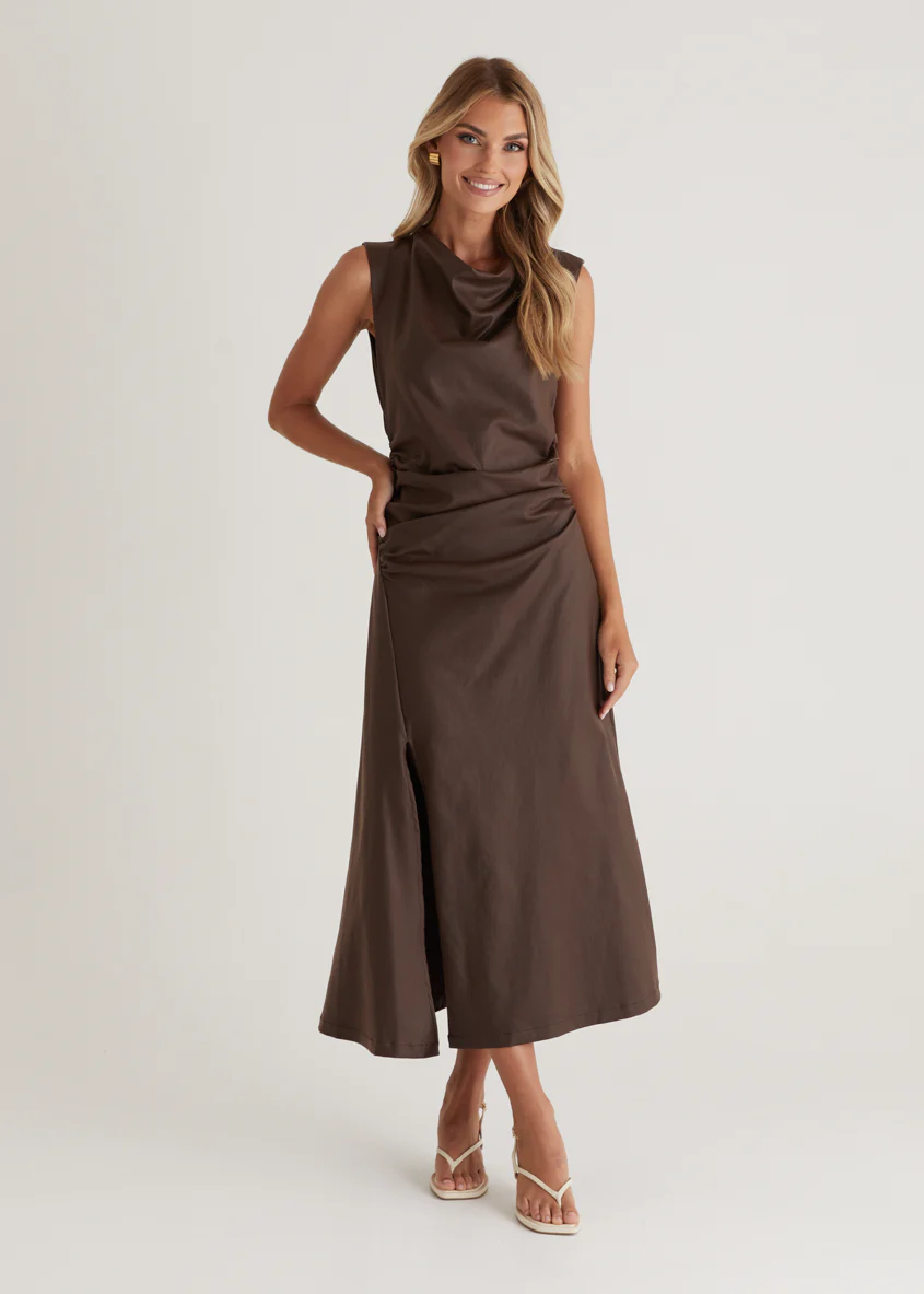 Romella Coated Midi Dress - Chocolate - Honorern