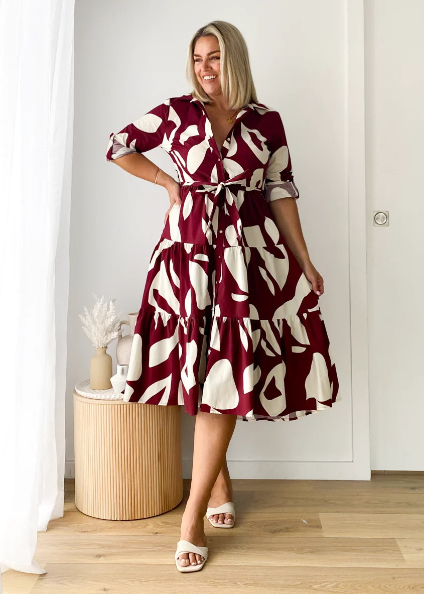 Maybelle Midi Dress - Burgundy Leaf - Honorern