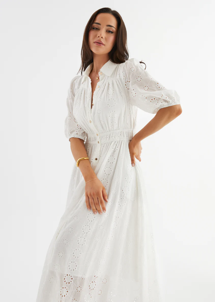 Eryn Midi Dress - White Anglaise - Honorern