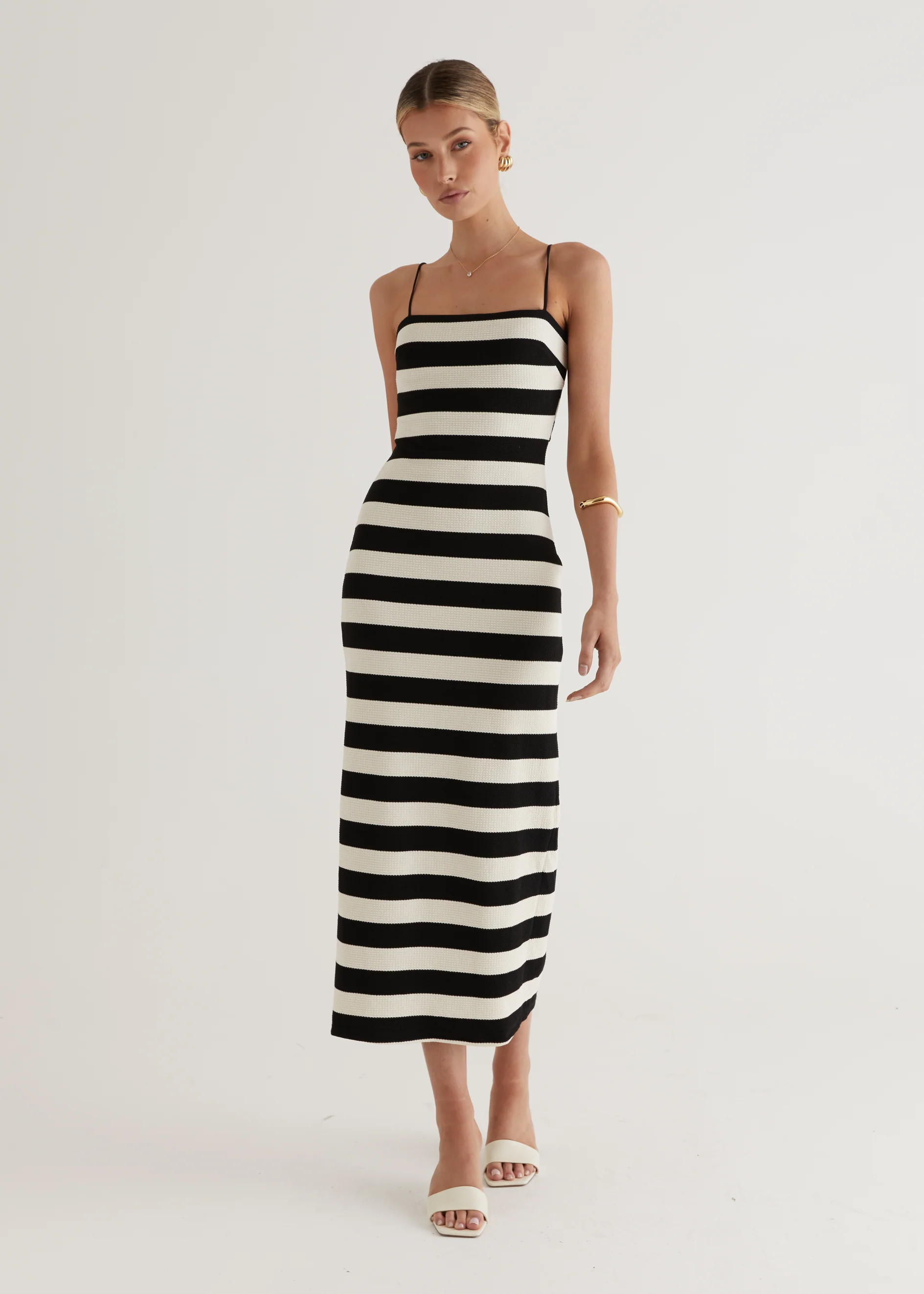 Sandy Knit Midi Dress - Black Stripe - Honorern