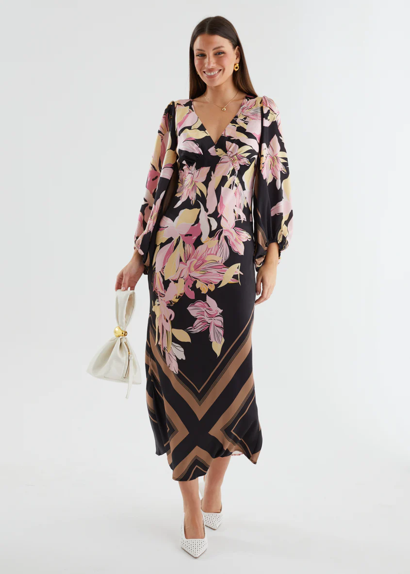 Stetha Maxi Dress - Black Floral - Honorern