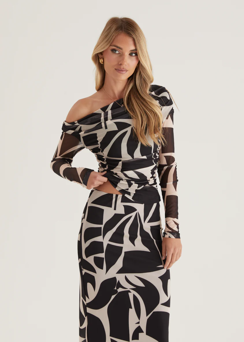 Mimi Mesh Maxi Skirt - Black Abstract - Honorern