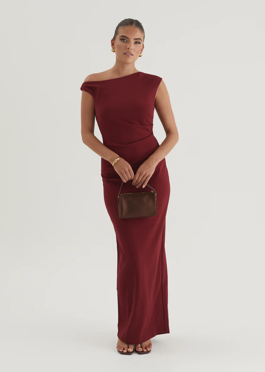 Carmella One Shoulder Maxi Dress - Burgundy - Honorern